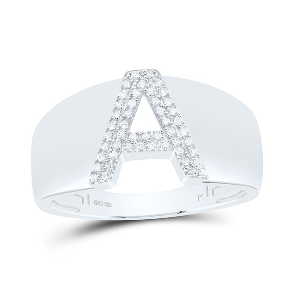 Sterling Silver Genuine Diamond Men's Block Letter A Initial Pinky Ring 1/8 CT