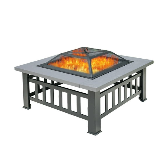 32" Outdoor Wood Fire Pit with Charcoal Rack & Poker & Mesh Cover-Gray