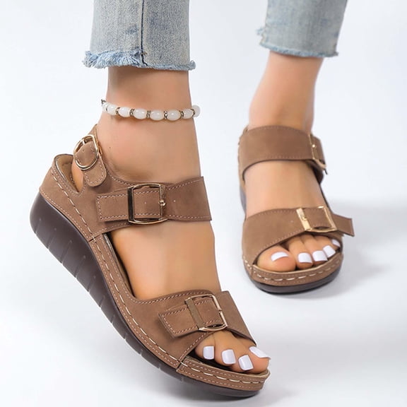 HAOTAGS Womens Summer Wedge Sandals Platform Metal Buckle with Arch Support Casual Beach Shoes Brown Size 7