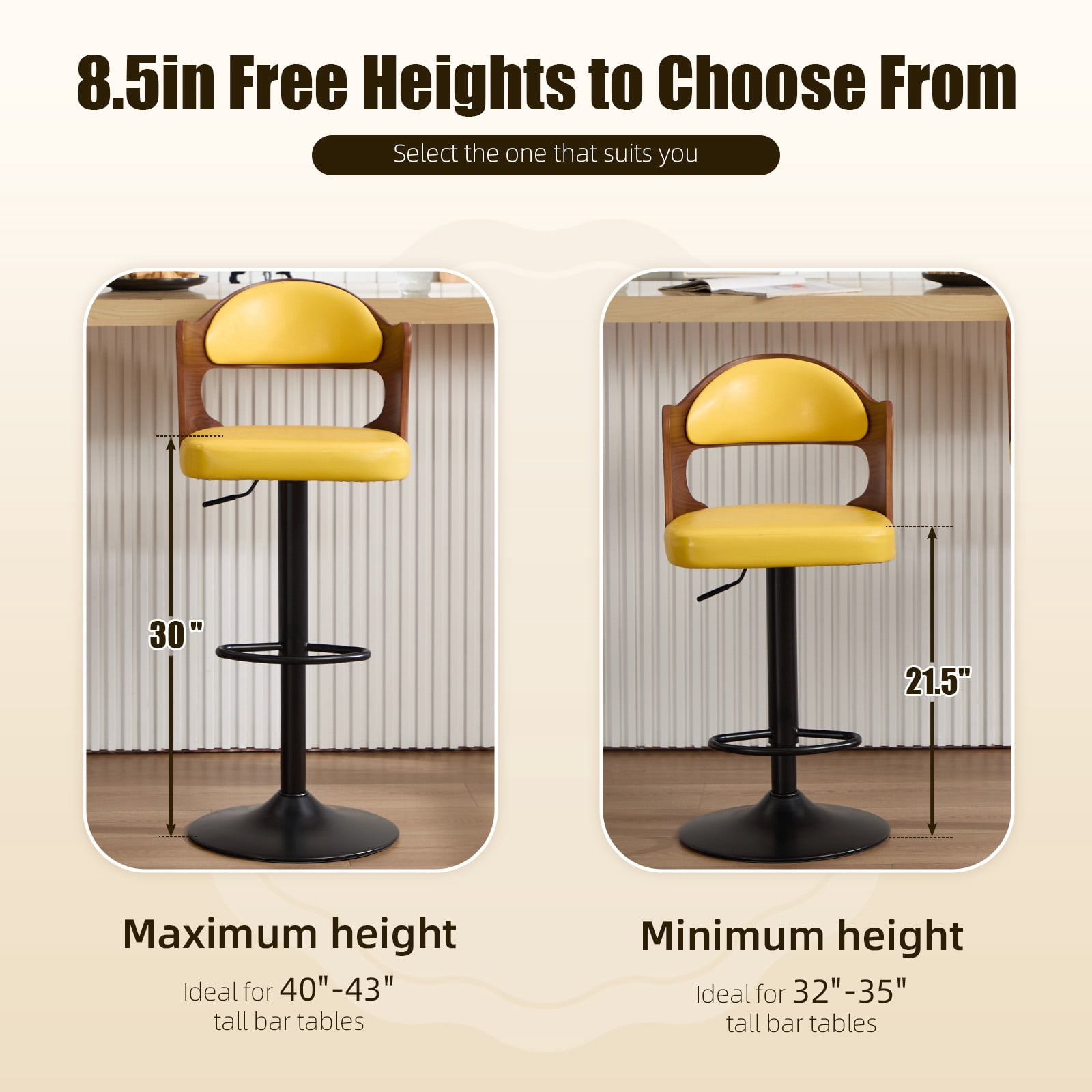 MOONMISS Swivel Bar Stools Set of 2, Wooden Kitchen Bar Chairs with Back, PU Leather Counter Height Barstools for Kitchen Island,Yellow