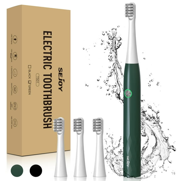 Sejoy Electric Toothbrush with 4 Brush Heads,Rechargeable Tooth Brushfor Adults and Kids,Power Sonic Tooth Brush Soft Cleaning,3 Modes ,Smart Timer for Home Travel,Gift,Green