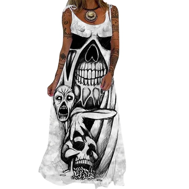 VISgogo Vestido de verano para mujer, correas de hombro con lazo de calavera/rosa de calavera/vestido de cuello redondo con calavera de diamantes de ido holgado de una pieza largo para mujer VISgogo moda