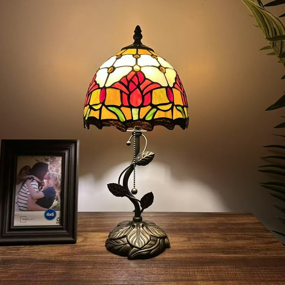 Tiffany Table Lamp  Stained Glass Red Tulips LED Bulb Included for Living Room Bedroom Bedside 8"W*8"D*16"H