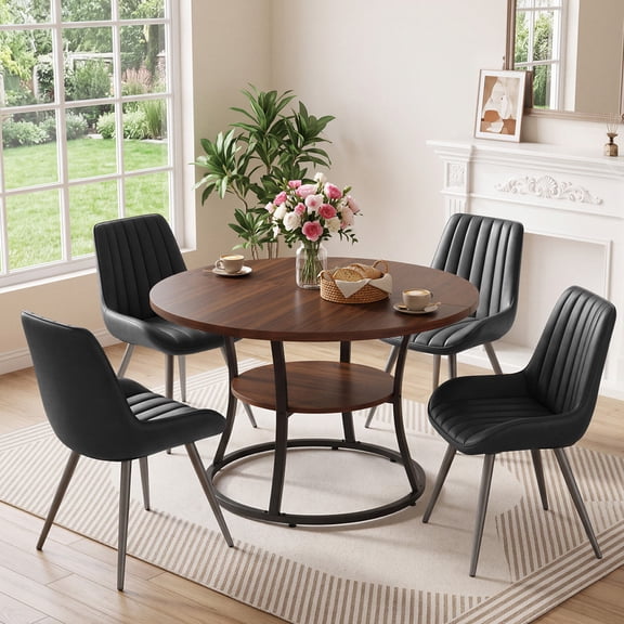 Hawsaiy 47.2" Round Dining Table Set for 4, Kitchen Table with 4 Upholstered Chairs, Modern Dining Room Table Set with Storage Shelf, Small Space Dining Set for Apartment