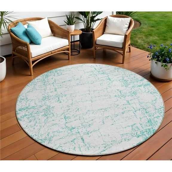 HomeRoots 578090 8 ft. Round Abstract Washable Indoor & Outdoor Area Rug, Teal Blue & Ivory