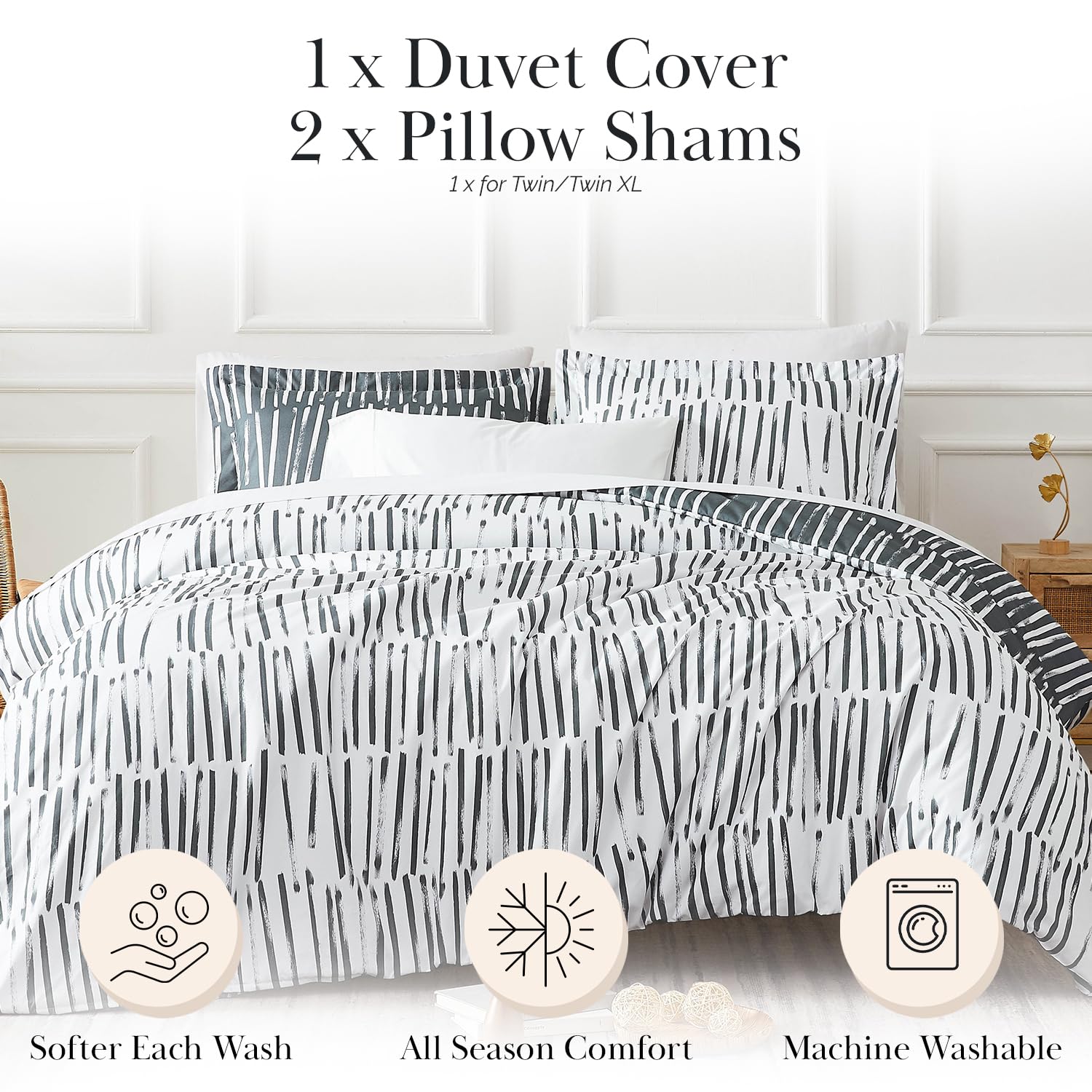 Southshore Fine Living, Inc. Spirit Collection Oversized Duvet Cover Queen Bedding Set, Printed Duvet Cover Set 3-Piece with Two Matching Shams, Charcoal, Full/Queen