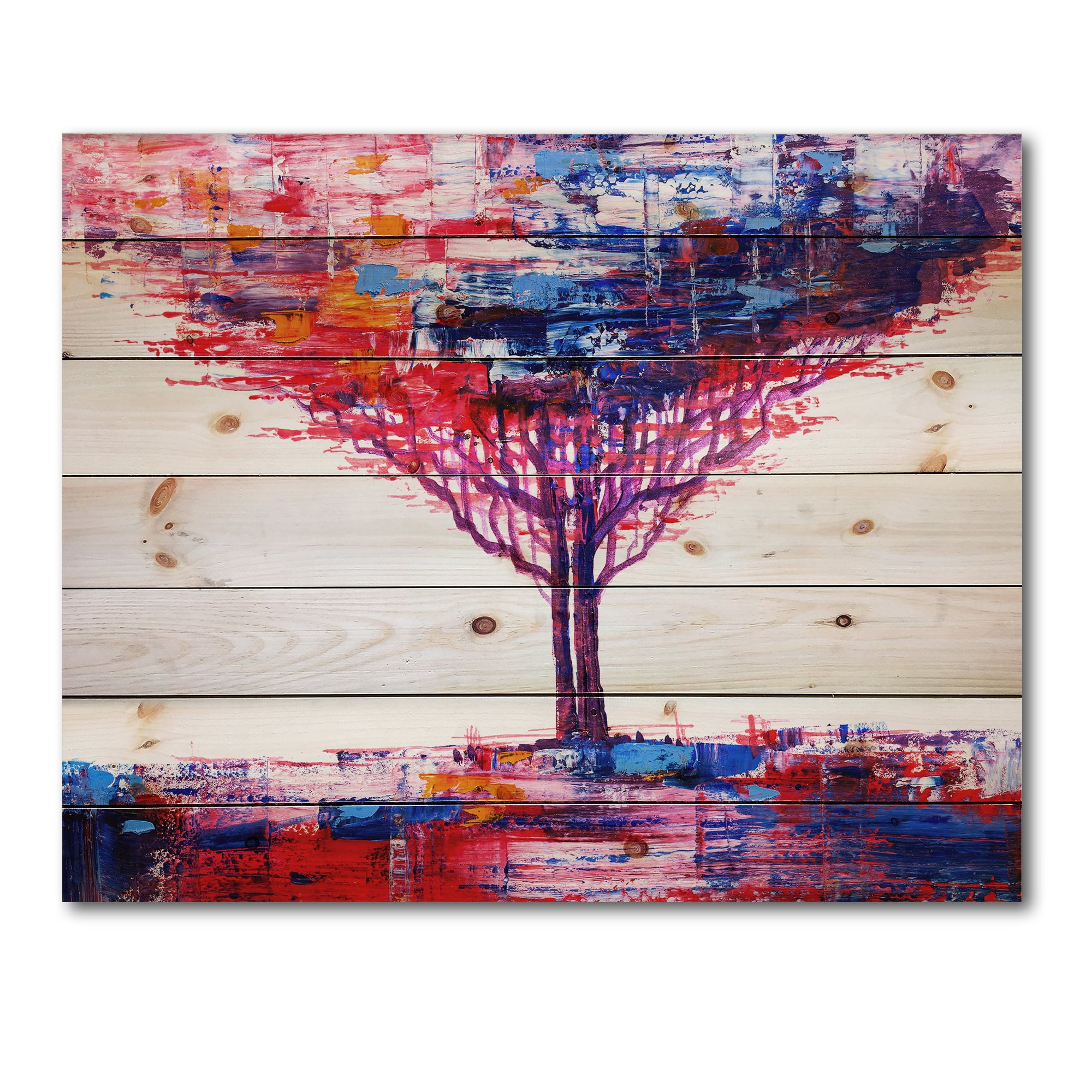 Designart 'Abstract Colorful Tree Impressionist On A White' Modern Print on Natural Pine Wood