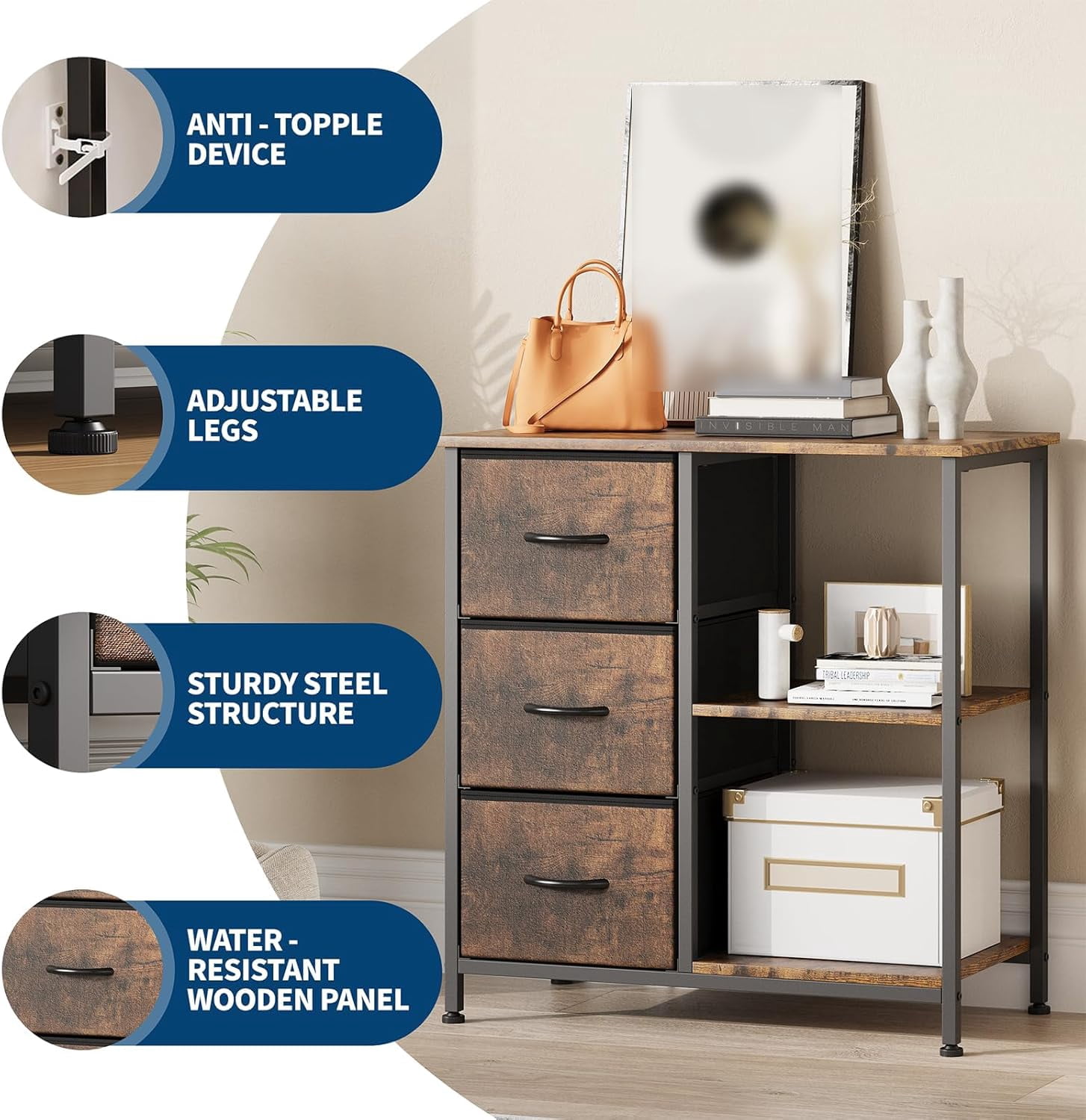 Rustic 3 Fabric File Cabinet and Printer Stand – Open Storage Shelf & Multi-Purpose End Table – Sturdy Steel Frame – Under Desk Organizer – Wood Color