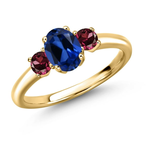 Gem Stone King 18K Yellow Gold Plated Silver Blue Created Sapphire and Red Rhodolite Garnet Engagement Ring for Women | 1.44 Cttw | Oval 7X5MM | Gemstone September Birthstone | Size 6