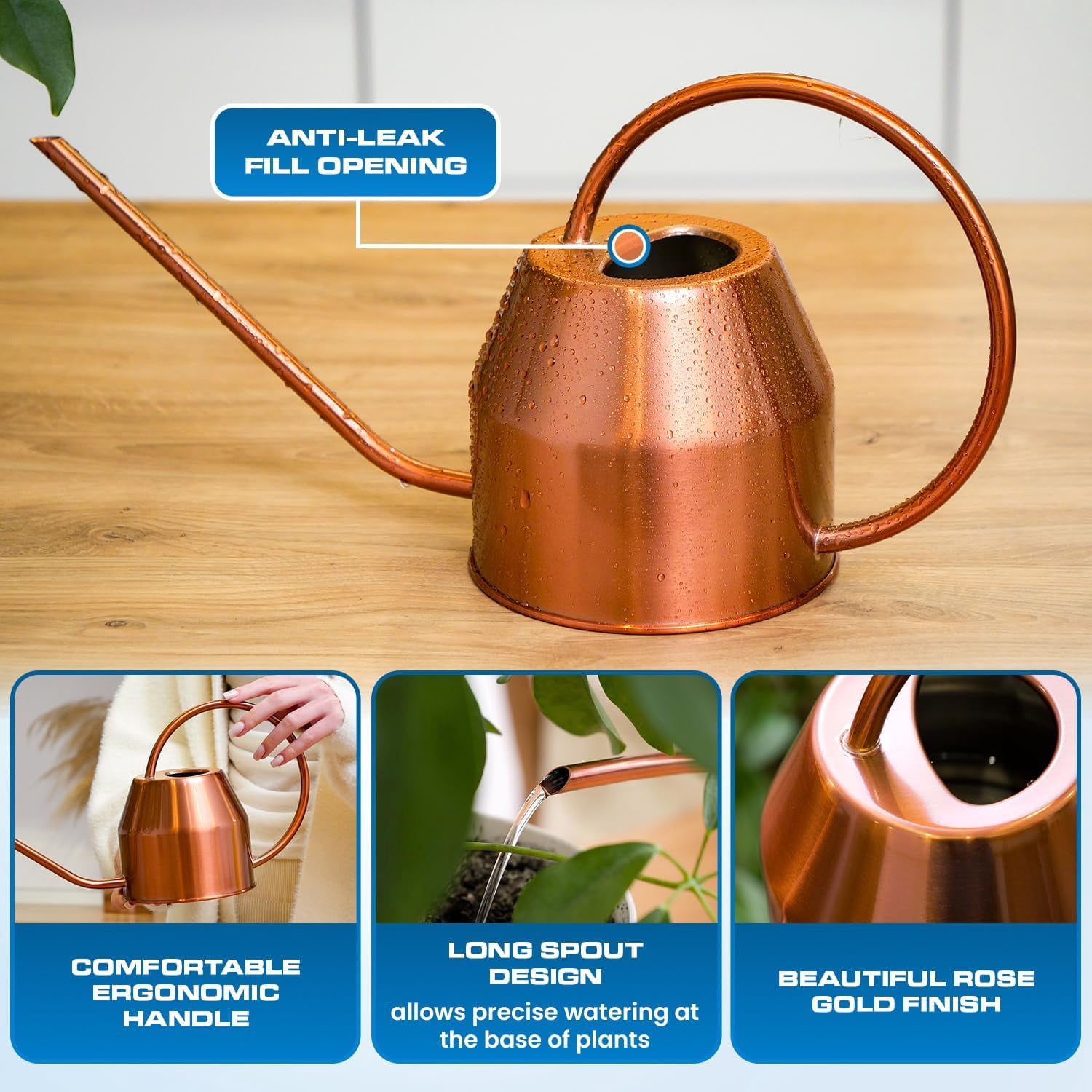 Plexon Rose Gold Metal Watering Can Indoor Plants 40 oz, Stainless Steel Long Spout Watering Can Outdoor House Plant Flower, Garden