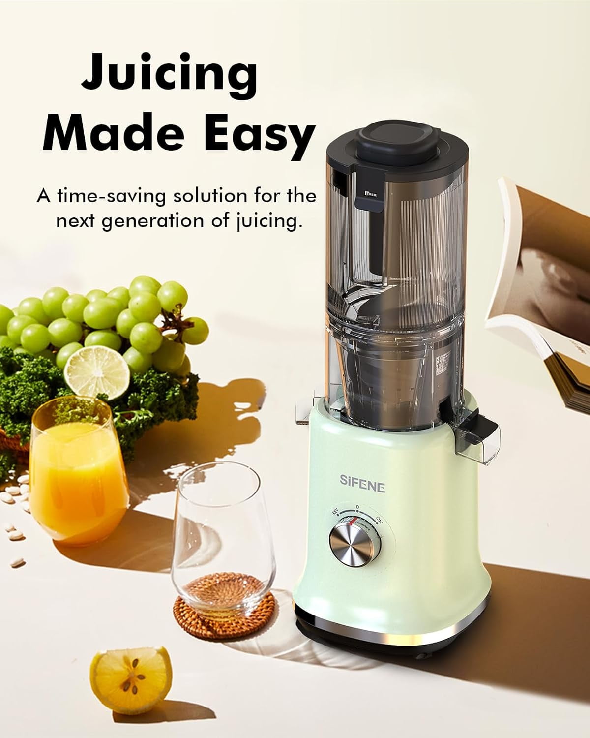 SiFENE Slow Masticating Juicer Machine, Cold Press Whole Fruit Juicer with 4.3-Inch Wide Feed Chute, Easy to Clean, High Juice Yield, Fruit & Vegetable Juicer, Home Kitchen, Green