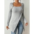 thumbnail image 7 of Ribbed Button Decor Asymmetrical Hem T-Shirt, Casual Long Sleeve Top For Spring & Fall, Women's Clothing, 7 of 7