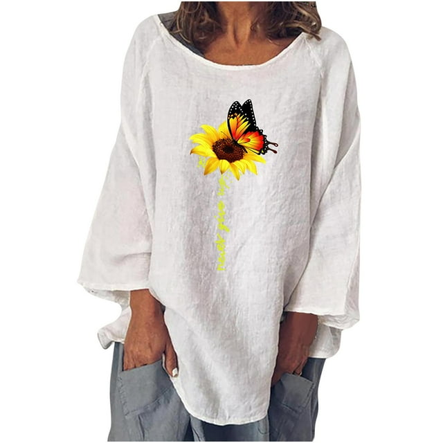 Pompotops T-shirt à Manches Longues pour Femme, Col Rond, Imprimé, Coupe Ample, Décontracté, Mode, Automne