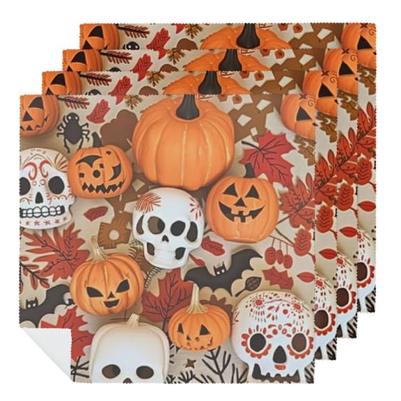 PHYHOO Autumn Pumpkin Cloth Napkins Bat Skull Ghost Polyester Dinner Napkins Great for Halloween Dinner Parties 2 PCS