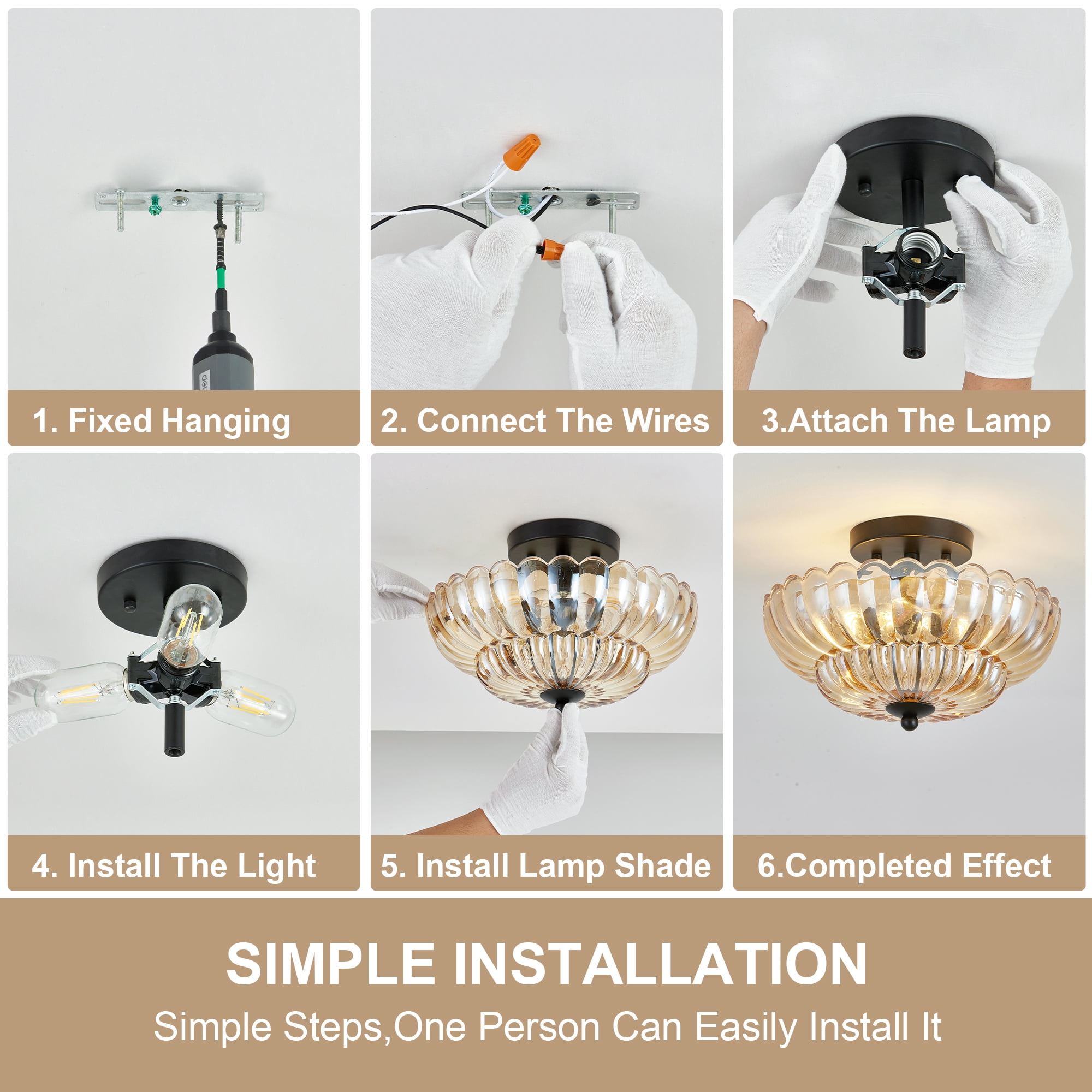 Leumius Semi Flush Mount Ceiling Light, 3-Light Close to Ceiling Light Fixtures with Flower Glass, Vintage Ceiling Lights for Hallway Living Room Kitchen Bedroom Bathroom, Amber+Black