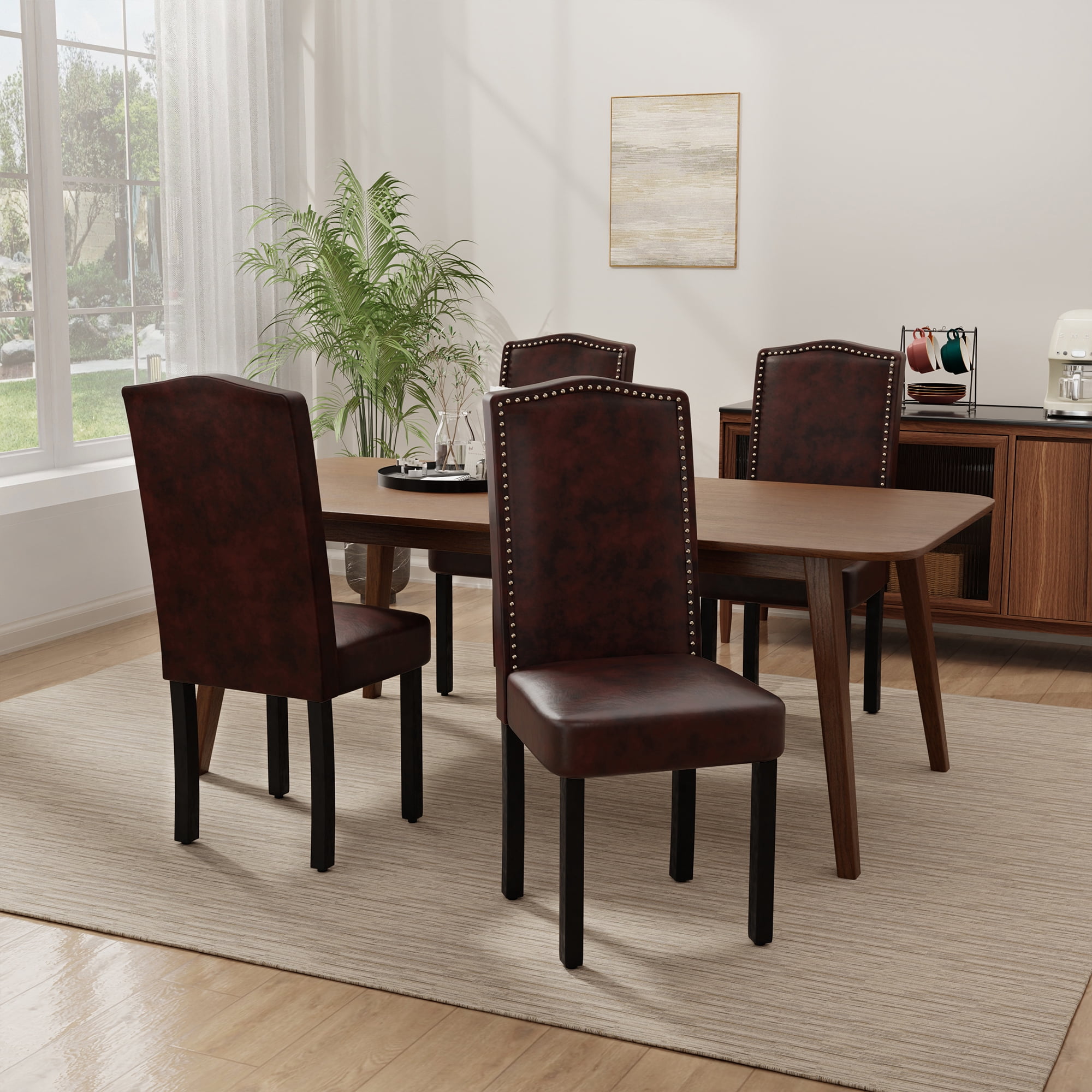 DONICK Mid Century Upholstered Dining Chairs,High-End Dorsal Side Chairs Nailhead Trim Wood Legs for Kitchen(PU,Brown,Set of 2)