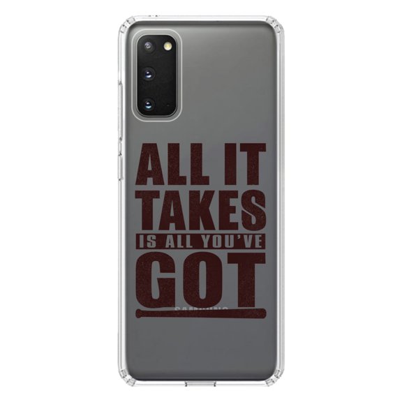 DistinctInk Clear Shockproof Hybrid Case for Galaxy S20 / S20 5G (6.2" Screen) - TPU Bumper Acrylic Back Tempered Glass Screen Protector - All It Takes Is All You've Got Baseball