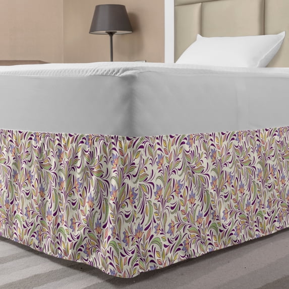 Abstract Bed Skirt, Bouquet of Lilacs and Violets Flourishing Spring Nature Flowers, Elastic Bedskirt Dust Ruffle Wrap Around for Bedding Decor, 4 Sizes, Pale Green Lavender, by Ambesonne