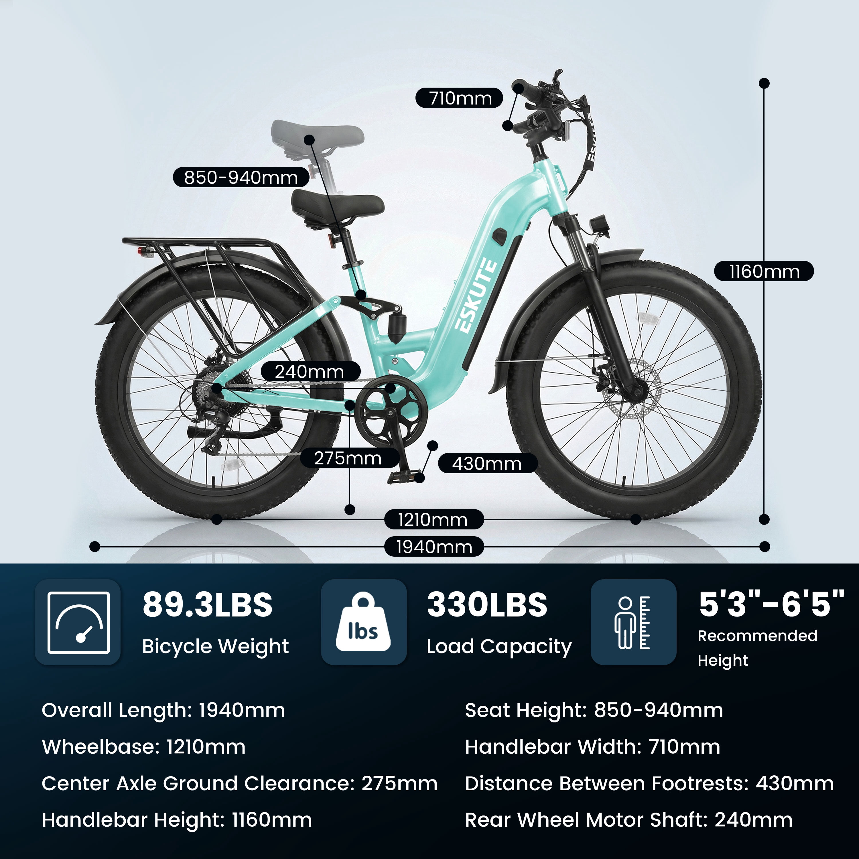 ESKUTE C300 1500W Electric Bike for Adults, 48V 20.8Ah Battery, 32MPH, 80 Miles Range, 26"x4.0" Fat Tire Step-Thru Ebike, Full Suspension Electric Bicycle, 8-Speed Green, UL2849