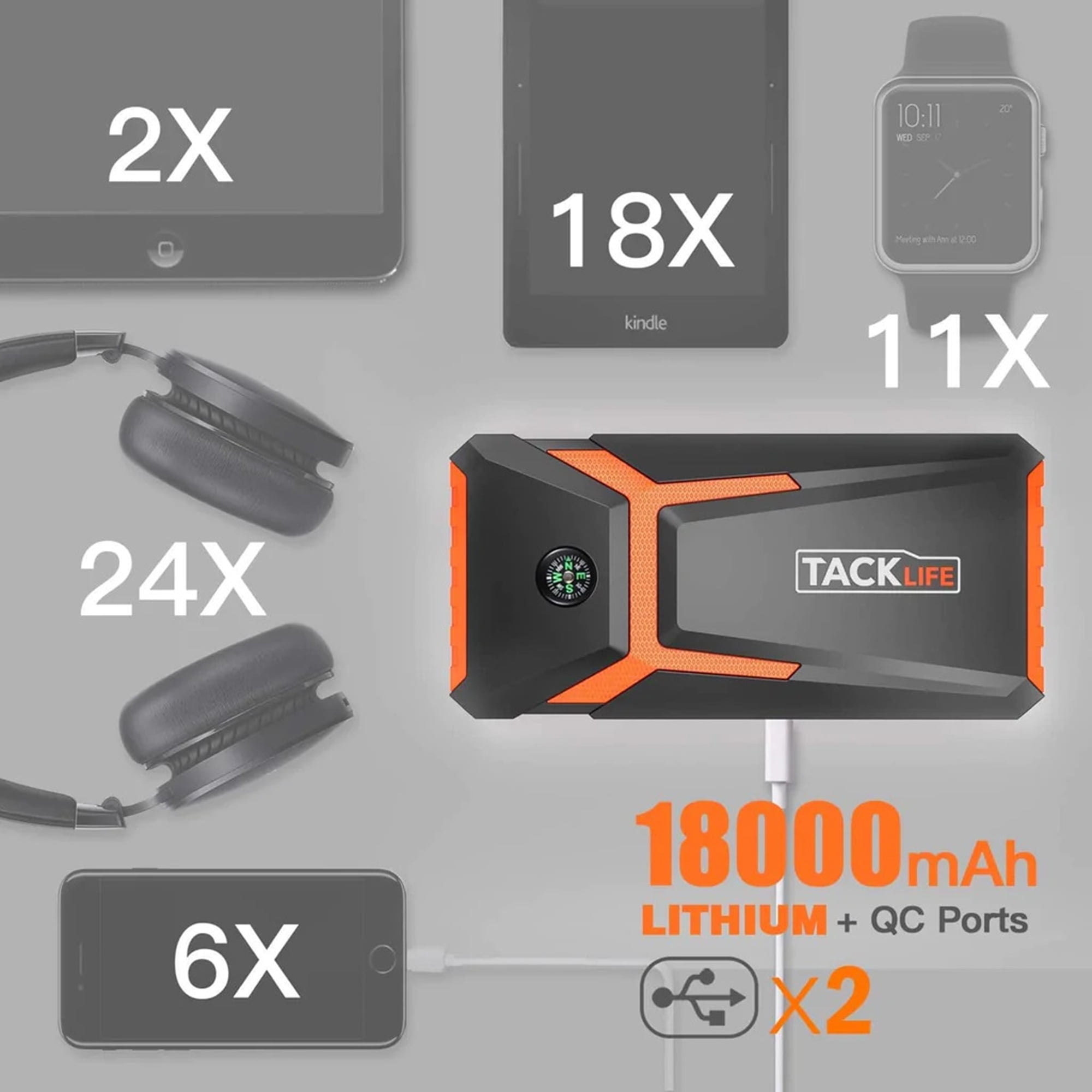 T8 800A Peak 18000mAh Car Jump Starter up to 7.0L Gas Power Bank Battery