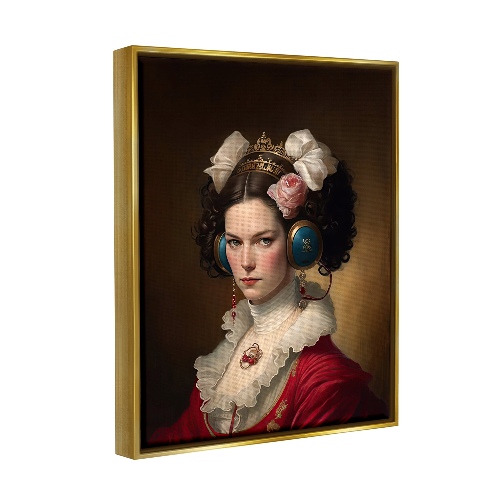 Stupell Industries Classic Girl Wearing Headphones Beauty & Fashion Painting Gold Floater Framed Art Print Wall Art, 17 x 21