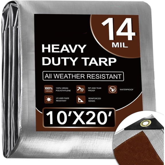 Tarp Waterproof 10x20Ft, Heavy Duty Tarp Cover Extra Thick 14 Mil Tear and UV Resistant, Outdoor Tarps with Grommets and Reinforced Edges for Roof, Camping, Patio, Pool, Boat