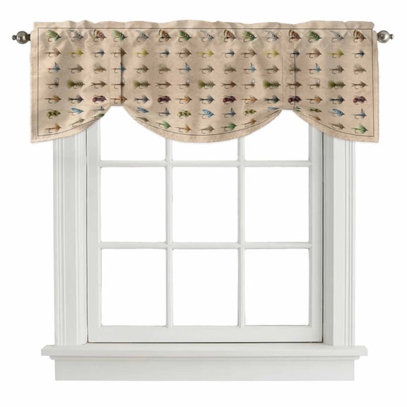 Tie Up Valance Ocean Fishhooks Valances for Windows Vintage Coastal Fishing Pattern Brown Balloon Shade Valance Window Treatment Short Curtain Valances for Living Room Kitchen Bedroom 54"x18"