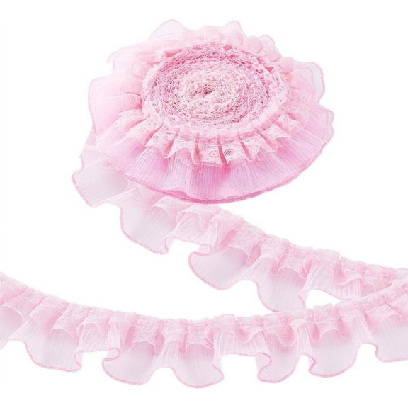 10 Yards Pink Ruffle Lace Ribbon Trim Pleated Lace Fabric Trim Double Layer Gathered Ruffle Trim Embroidered Sewing
