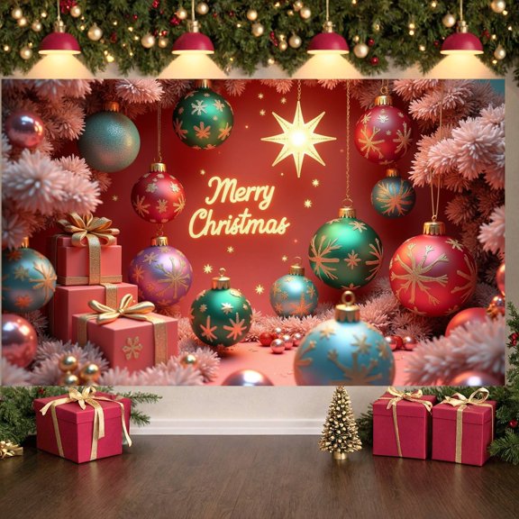Colorful Ornaments Merry Christmas Banner Snowflake Pattern Christmas Display Red Background Golden Accents Xmas Backdrop for Christmas Party Home Decoration Family Reunion