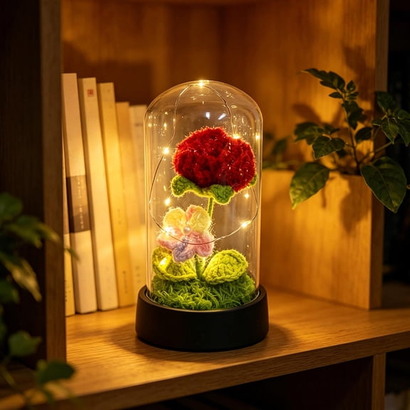 Handmade Crochet Flower Night Light, LED Knitted Flower Lamp Dome, Warm Glow Bedroom Desktop Decor Gift For Women Mom Girls Birthday, 5.12x2.76x2.76 Inch