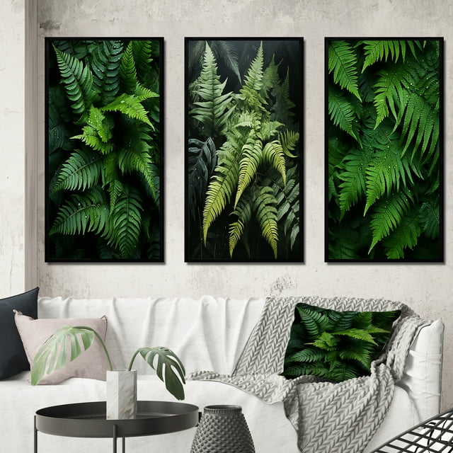 Designart "Ferns Plant Monochrome Euphony I" Floral & Botanical Framed Wall Art Set Of 3 - Green Ferns Frame Canvas Set For Living Room Decor