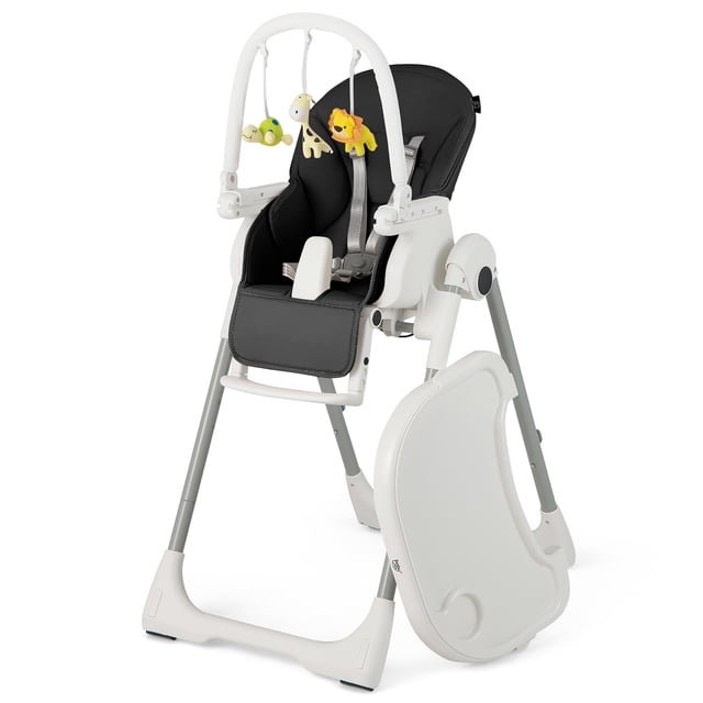 Babyjoy Trona de Bebé 4 en 1, Silla de Alimentación Plegable con 7 Alturas, Reposapiés Retráctil, Ruedas Bloqueables, Cojín Extraíble, Barra de Juguetes y Bandeja Doble para Niños Pequeños