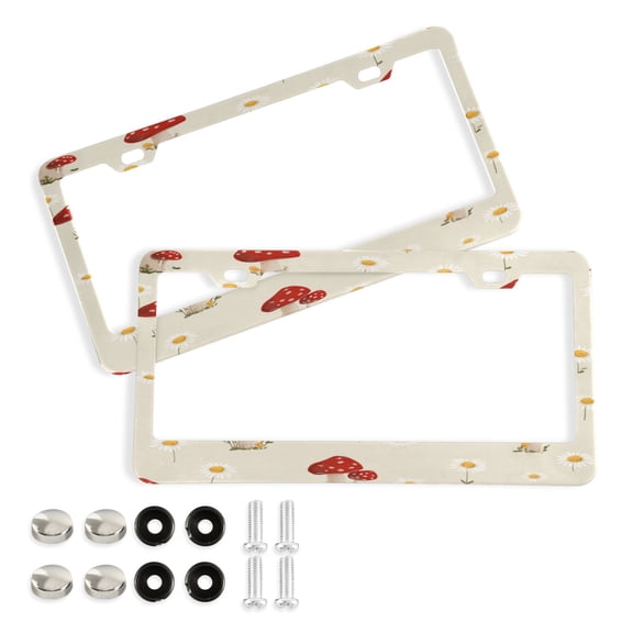 Aluminum License Plate Frame 2 Pack Car Exterior Accessory Car Tag Holder for Front Rear Plates Cars Decor Cute Mushroom Pattern with Daisies