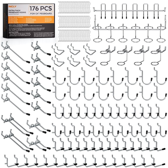 INCLY 176PCS Extra Thick Pegboard Hooks, 1/4" Heavy Duty Metal Peg Board Hooks Assortment with Peg Locks Pegboard Accessories Kit for Garage Wall Organizer Hanging Tools