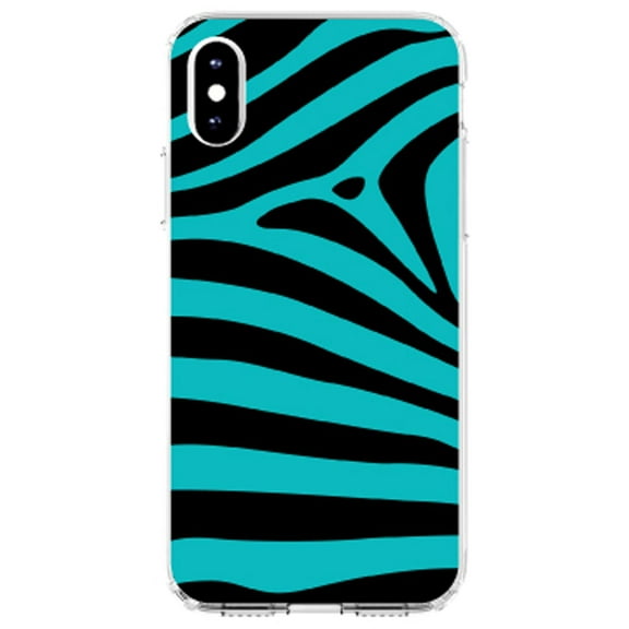 DistinctInk Clear Shockproof Hybrid Case for iPhone XR (6.1" Screen) - TPU Bumper, Acrylic Back, Tempered Glass Screen Protector - Teal Black Zebra Stripes