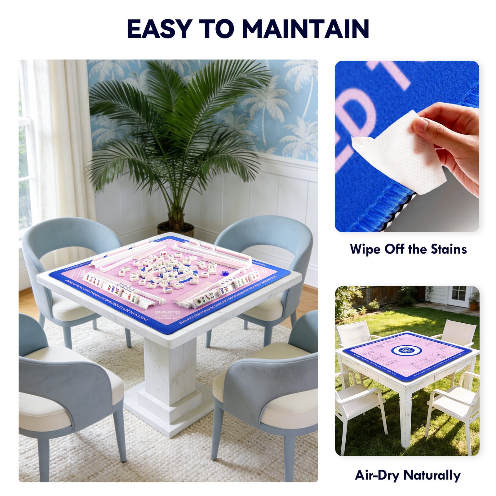 Classic Mahjong Game Mat | 32x32 Inch Non-Slip, Noise-Reducing Mat with Official Rules for Easy Learning | Portable Multi-Game Surface for Poker, Tiles, Dominoes & Cards (Pink & Blue)
