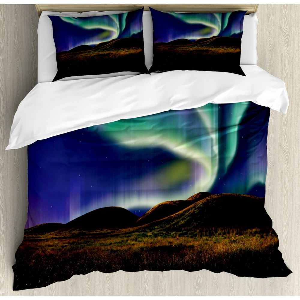 Alaska King Size Duvet Cover Set, Alaskan Meadows in the Night with