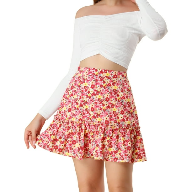 Allegra K Falda Floral Minifalda Con Volantes A-Línea Para Mujer Rosa S