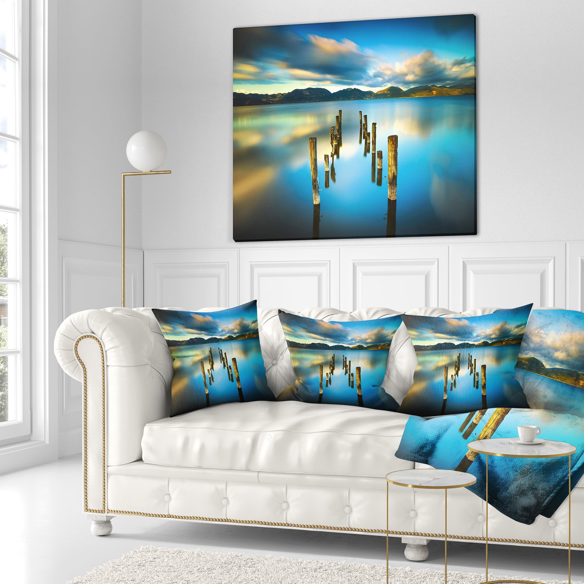 Designart Cloudy Lake with Broken Pier - Seascape Throw Pillow - 18x18