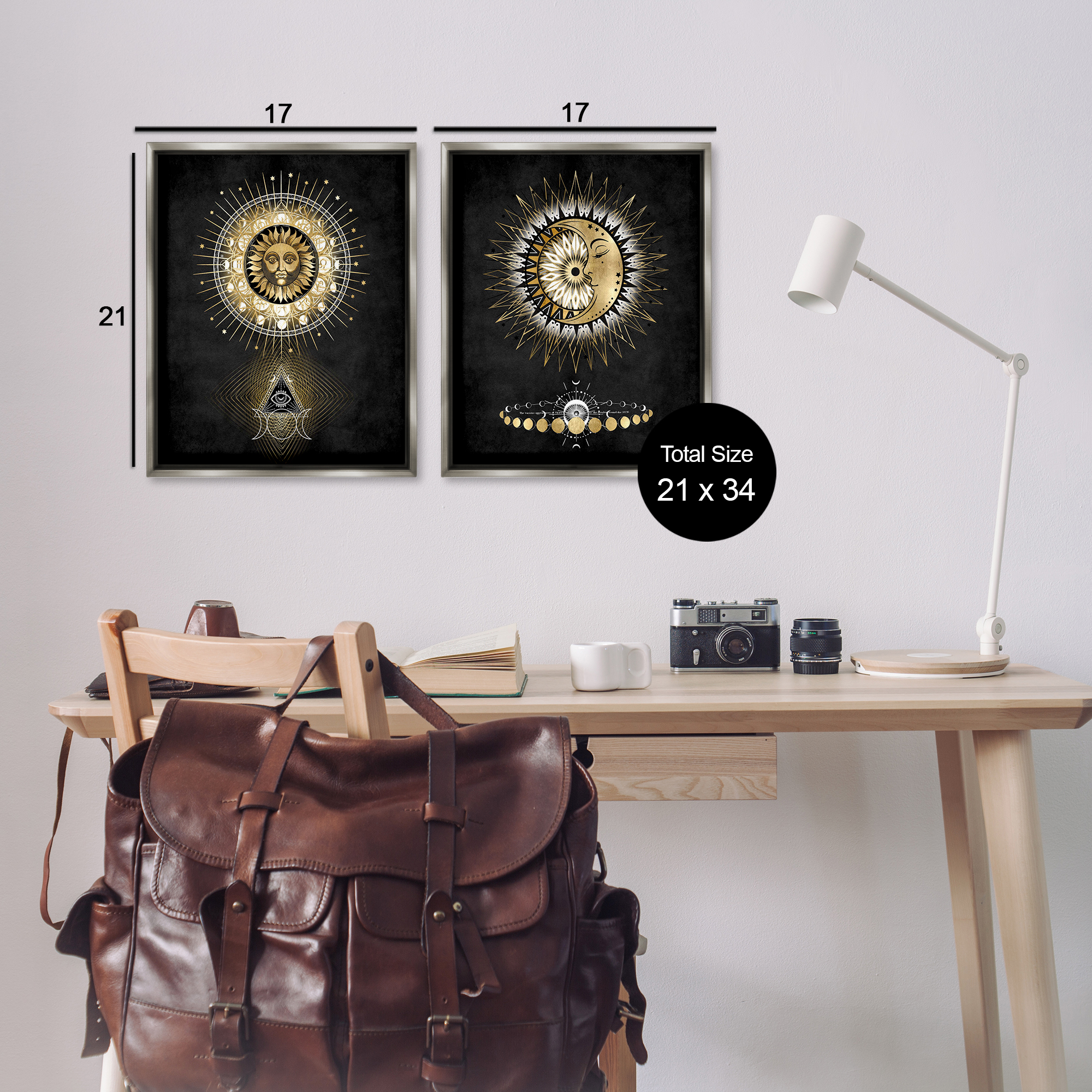 Stupell Industries Astral Eye & Moon Phases Astrology & Stars Painting Gray Floater Framed Canvas Art Print Wall Art, 17 x 21, Set of 2