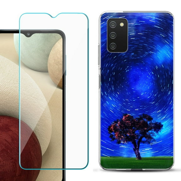 Slim-Fit TPU Fashion Phone Case for Samsung Galaxy A03s, with Tempered Glass Screen Protector, by OneToughShield ® - Star Trails Tree