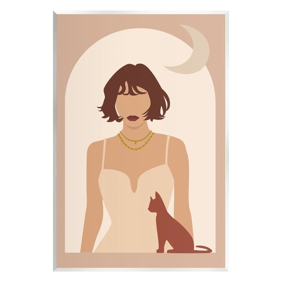 Stupell Industries Woman & Cat Arch Shape Cutout Moon Motif Graphic Art Unframed Art Print Wall Art, Design by Birch&Ink