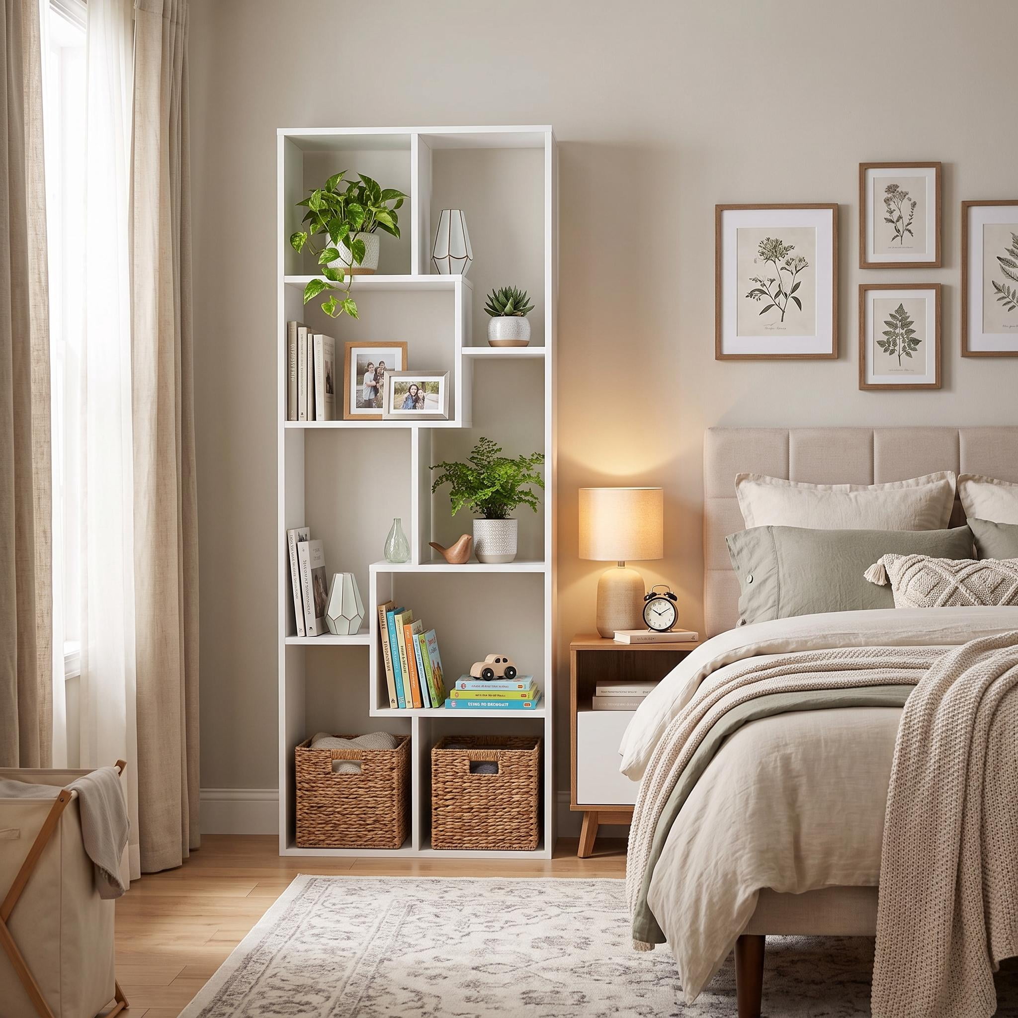 Homy Casa 71" Tall Geometric Bookcase, Open Display Shelf for Living Room & Home Office, White