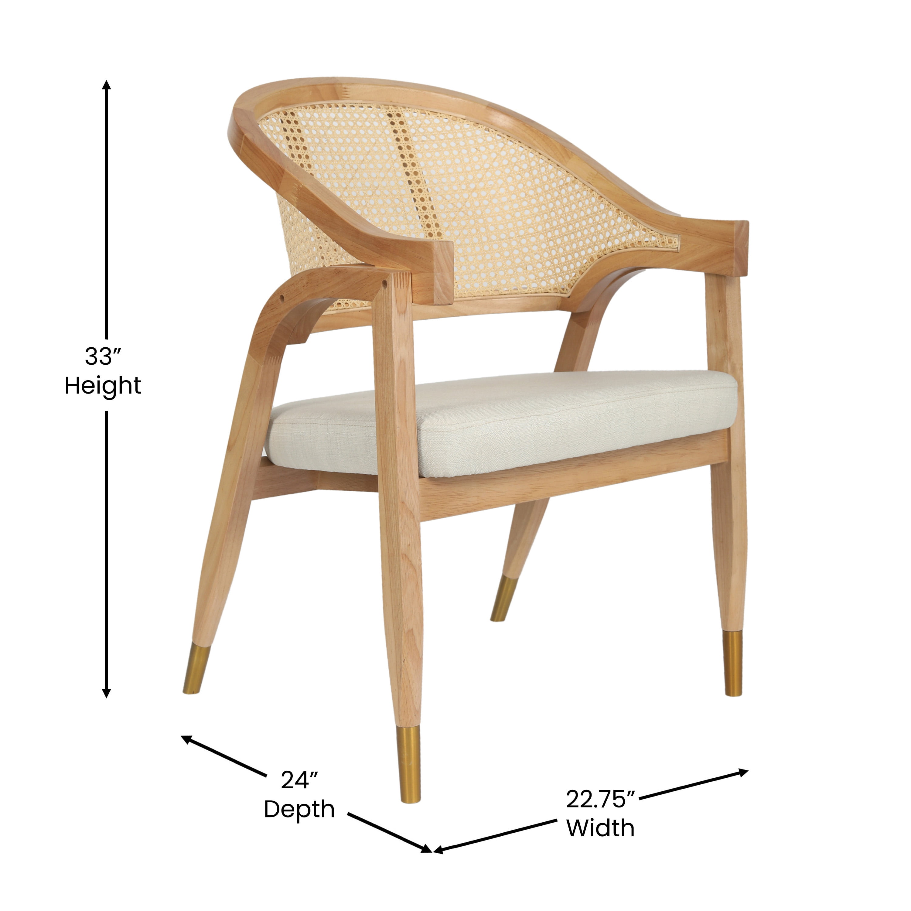 Merrick Lane Cane Rattan Padded Accent or Dining Chair with Gold Accented Legs in Natural