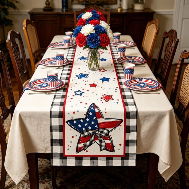 Linnome Independence Day Table Runner 12.99x72.05 Inch Patriotic Star Stripe Print Polyester for Living Room Coffee Table Kitchen
