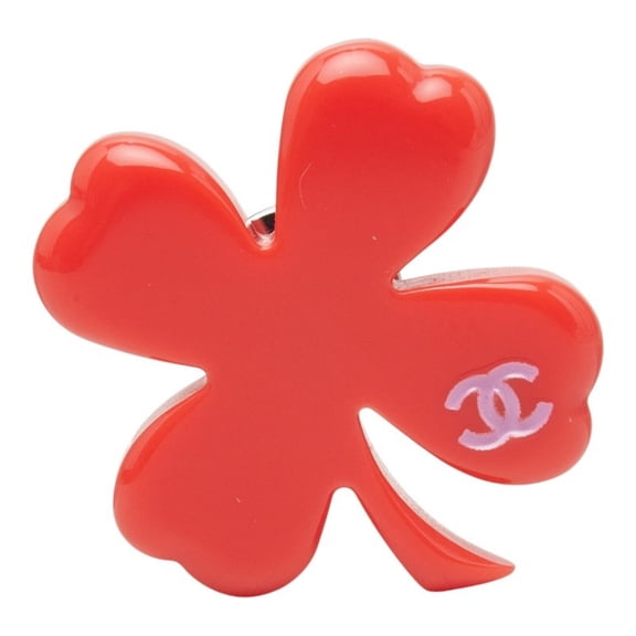 Pre-Owned Chanel Coco Mark Clover Motif Pin Brooch Badge 04P Stamp Red Plastic Women's CHANEL
