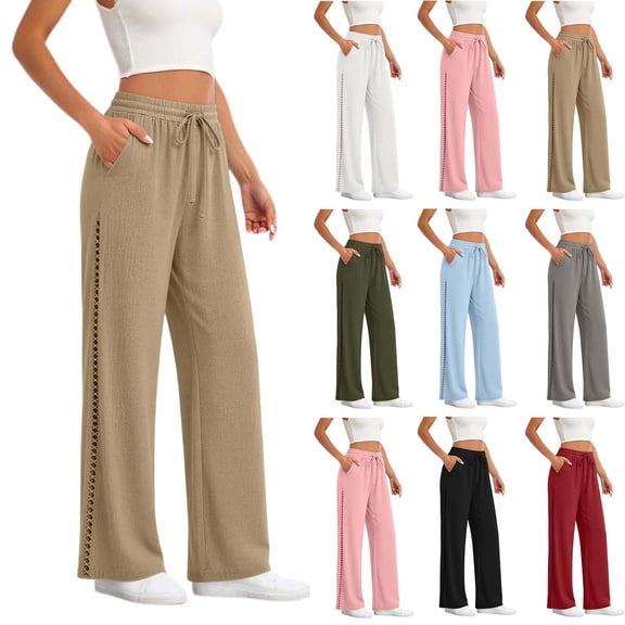 ClodeEU Women's Linen Blend Drawstring Elastic Waist Straight Leg Pants with Pockets and Side Cutout,Loose Fit Summer Trousers with Pockets Army Green,Women's Plus XXL