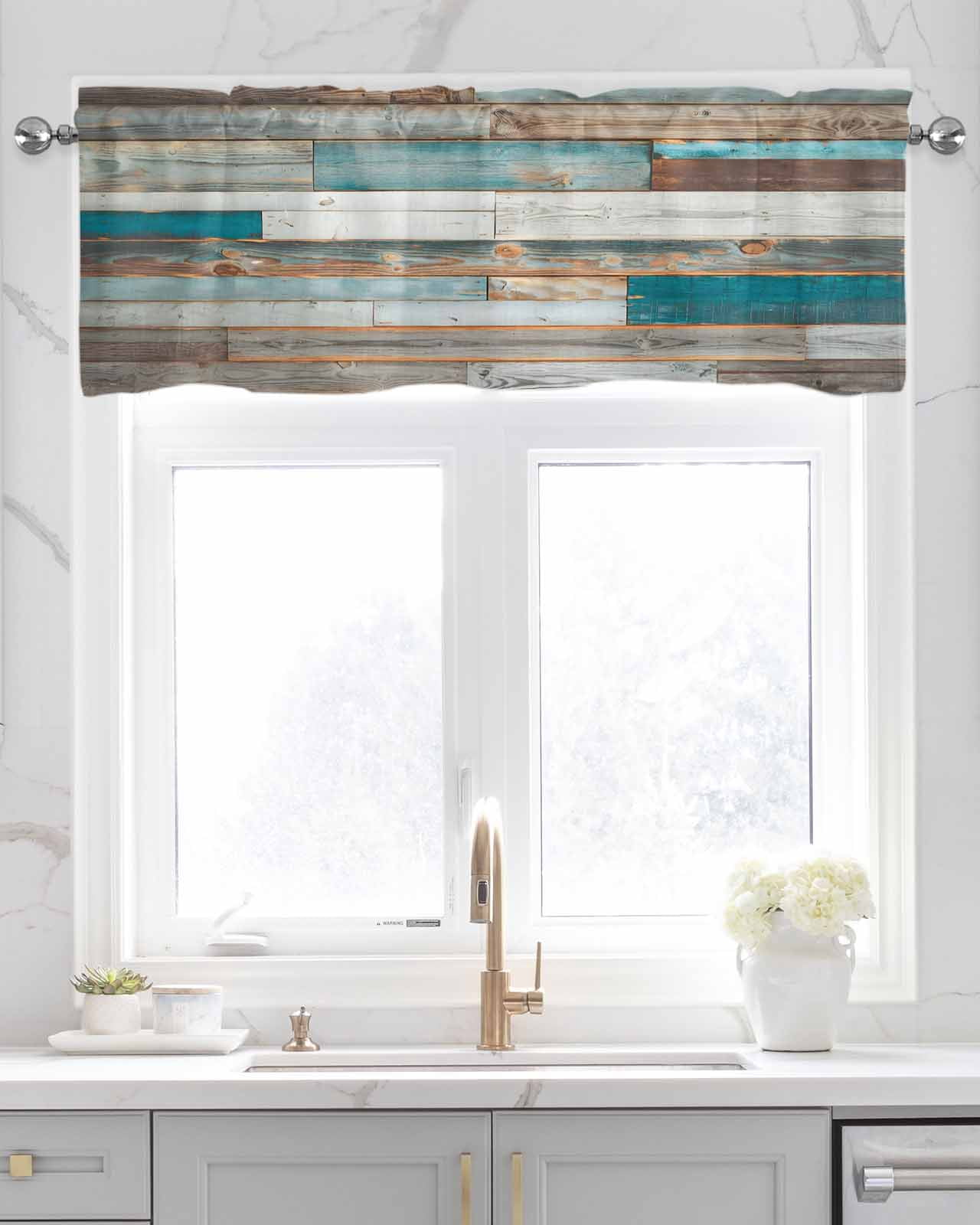 Turquoise Brown Kitchen Valances for Windows Farmhouse Linen Window Valance Curtain for Living Room Window Treatment Vintage Country Ombre Wooden Grain Valance Rod Pocket Topper Drape, 42 x 18 Inch