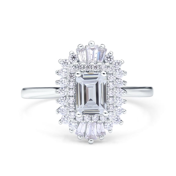 Simulated Cubic Zirconia Size-5 Emerald Cut Vintage Art Deco Halo Wedding Bridal Engagement Ring Baguette 925 Sterling Silver
