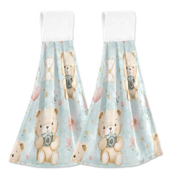 BZSMCE Hanging Hand Towels Fashion Playful Bears with Hearts Pattern 2-Pack - Velcro Style Bathroom Kitchen Towels